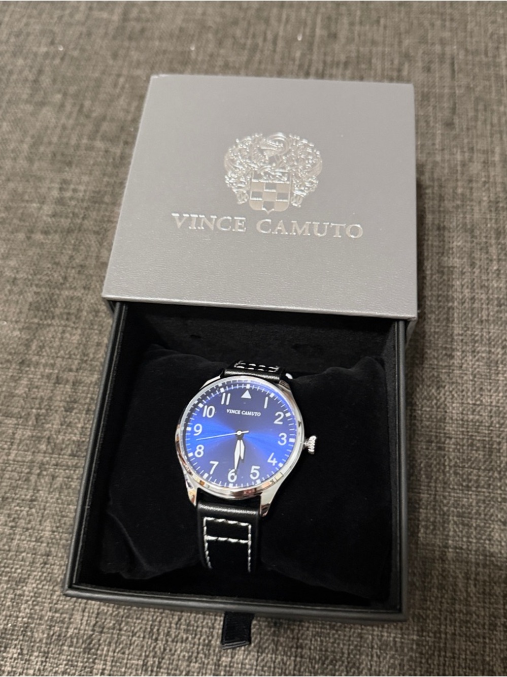 Vince Camuto Silver Case Blue Dial Watch with Black Leather Strap